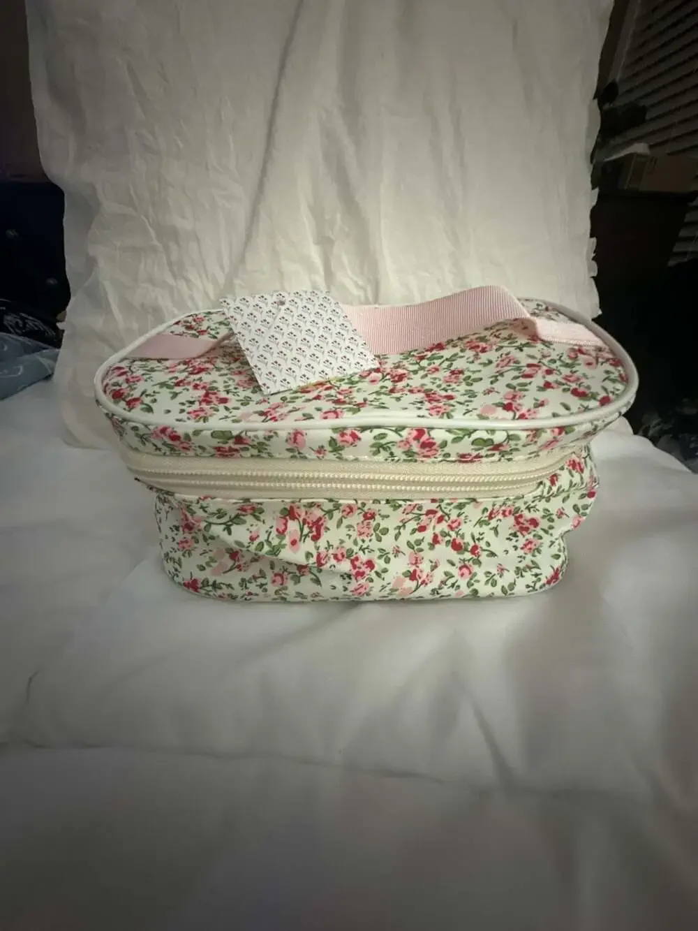 Floral Quilted Cosmetic Travel Makeup Bag with Pink Handle